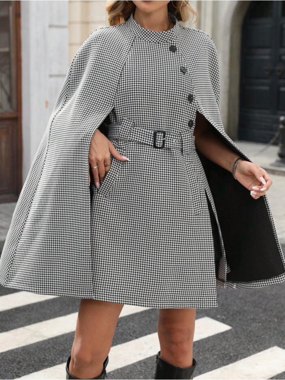 Houndstooth Cape Dress Size Large Belted Cape Coat Dress